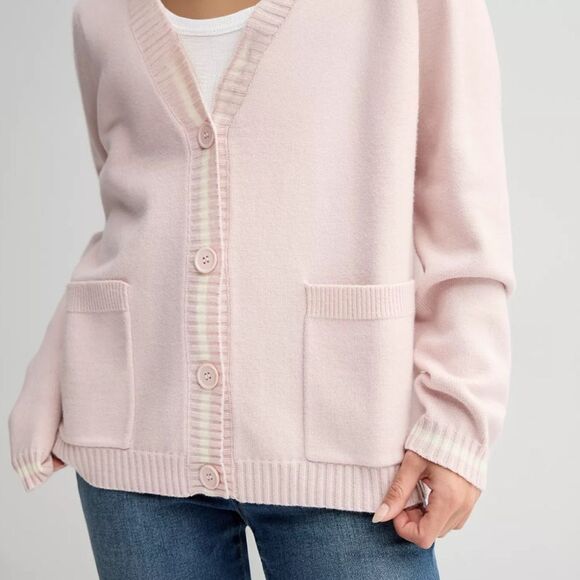 Pink Republic XS-S Navy White Stripe Knit Button V-Neck Cardigan with Pockets - Picture 5 of 16